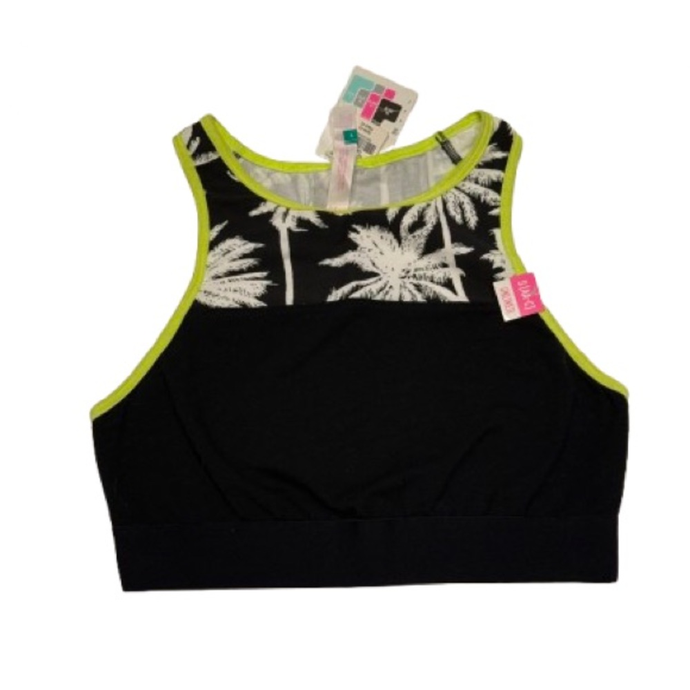 NWT Victoria's Secret Black Palm-Print High Neck Sports Bra with Lime Trim Small